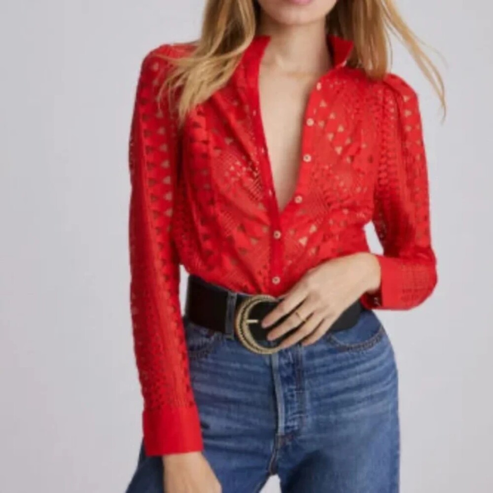 Anthropologie Lace Button Down Long Sleeve Blouse Shirt, Red, Size 20W